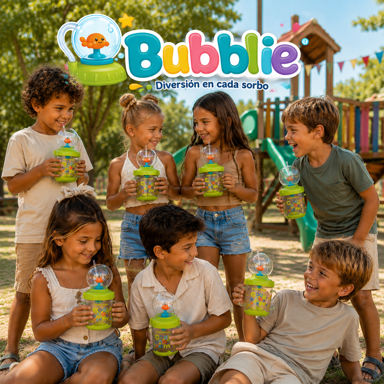 Vaso Infantil BUBBLIE Antiderrame con Pajita y Pecera de Ballena