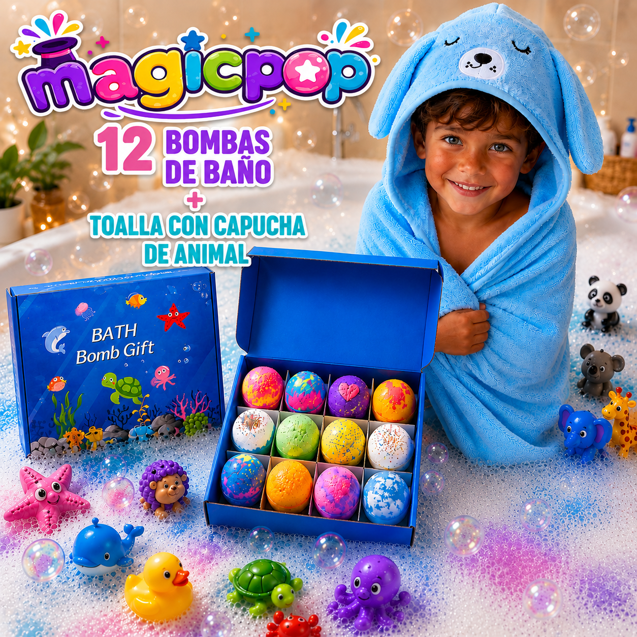 12 PCS  – Bombas de baño para niños con juguete sorpresa Magicpop + Toalla de regalo