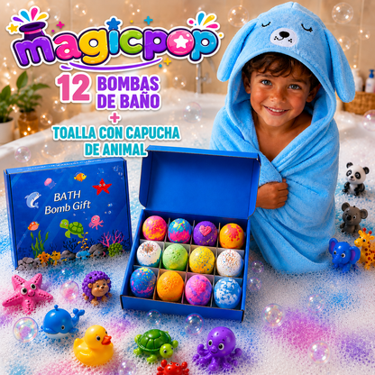 12 PCS  – Bombas de baño para niños con juguete sorpresa Magicpop + Toalla de regalo